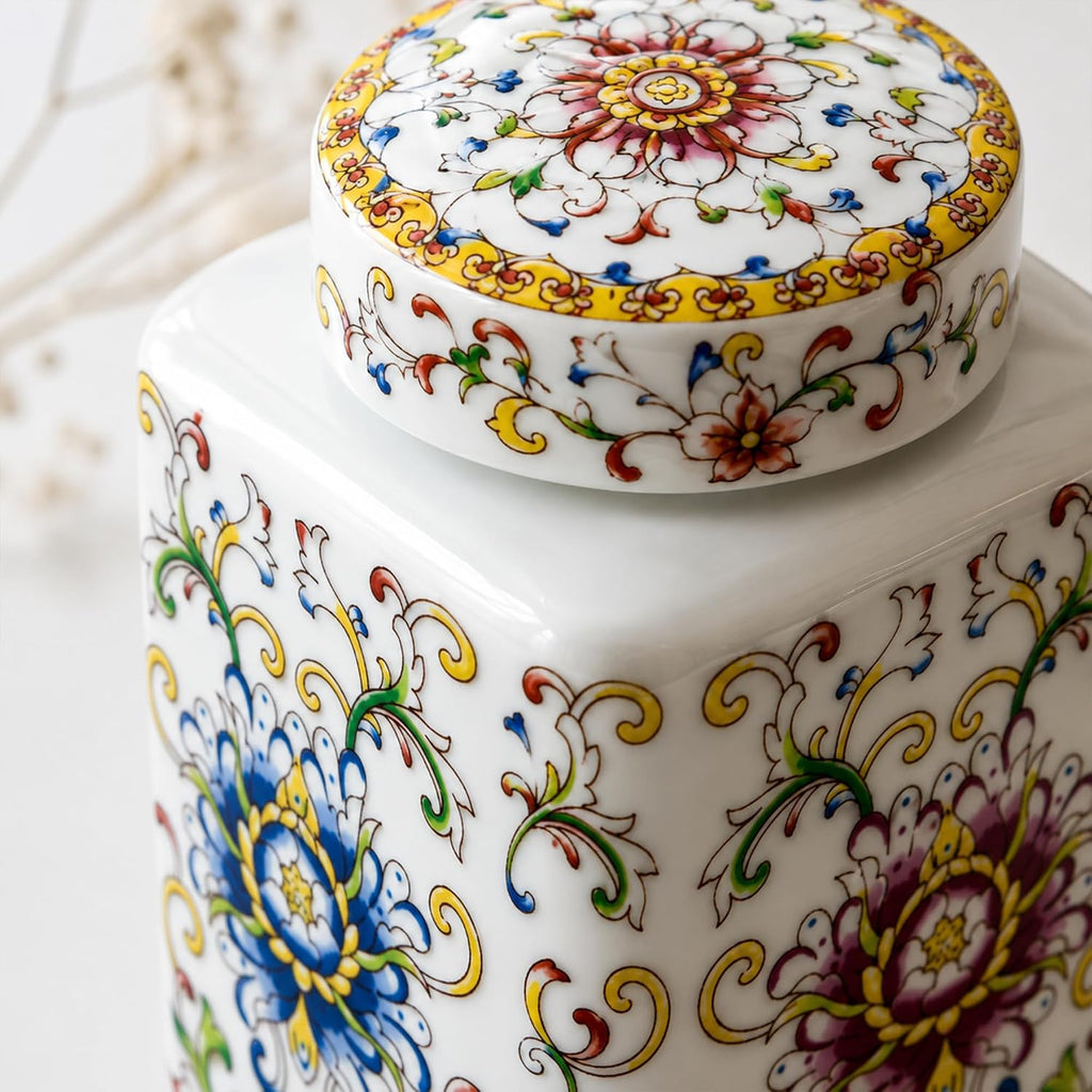 200 ml Small Ceramic Tea Canister with Lid, Decorative Chinoiserie Ginger Jar with Cork Stopper Countertop Decor