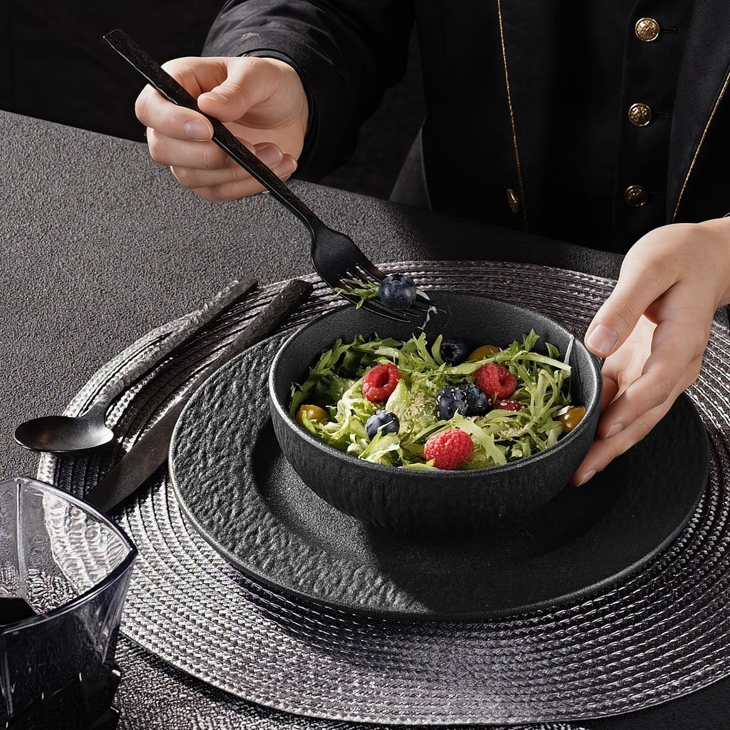 Black Dinnerware Sets, 3-Piece plates and bowls sets, Matte Marble