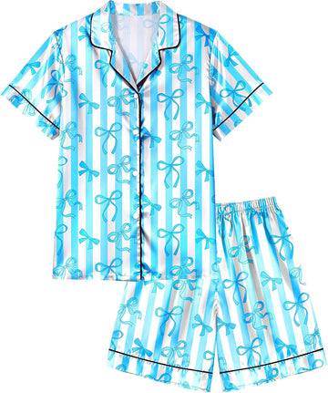 Girls Pajamas Silk PJS Set Bow Satin Sleepwear Short Sleeve Jammies for Kids Button-Down Nightwear