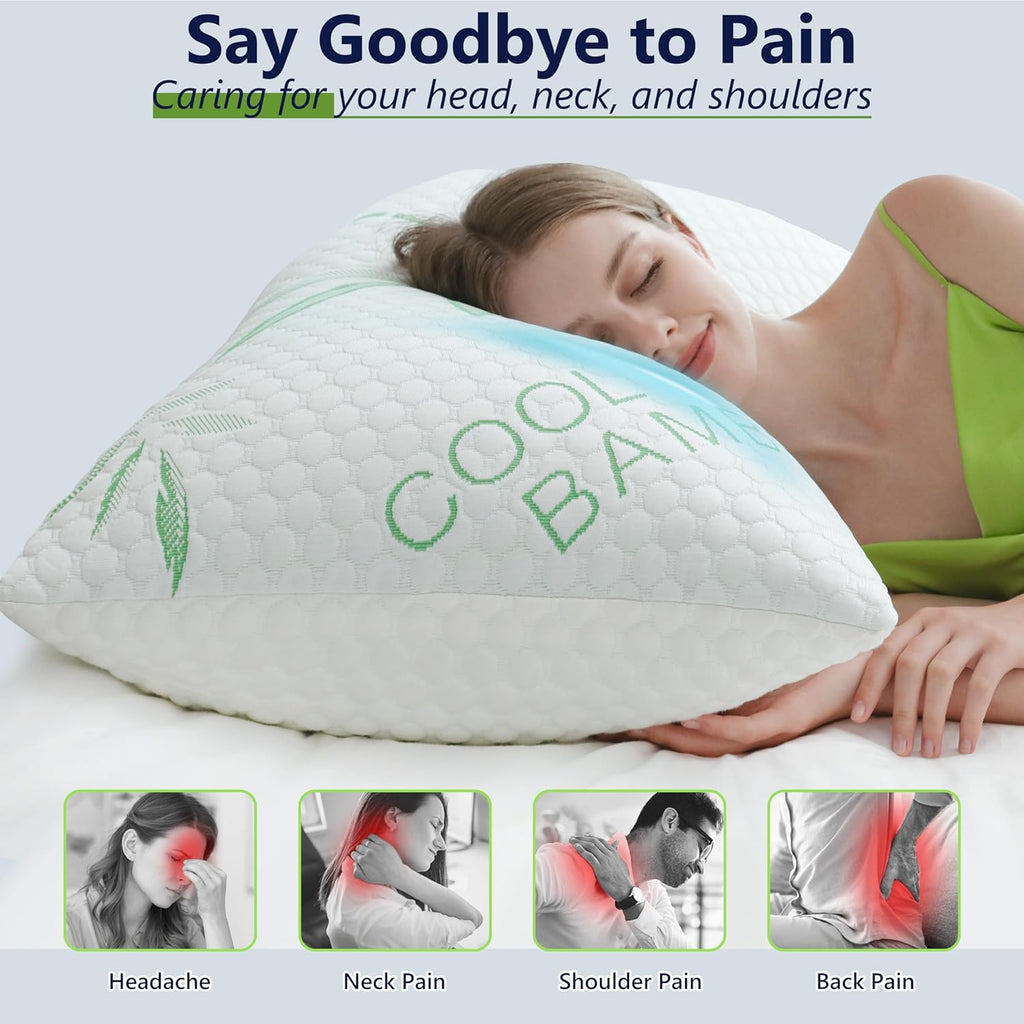 Cooling Pillows, Shredded Memory Foam Pillows Standard Size Set of 2 Adjustable Firm Bamboo Bed Pillows for Hot