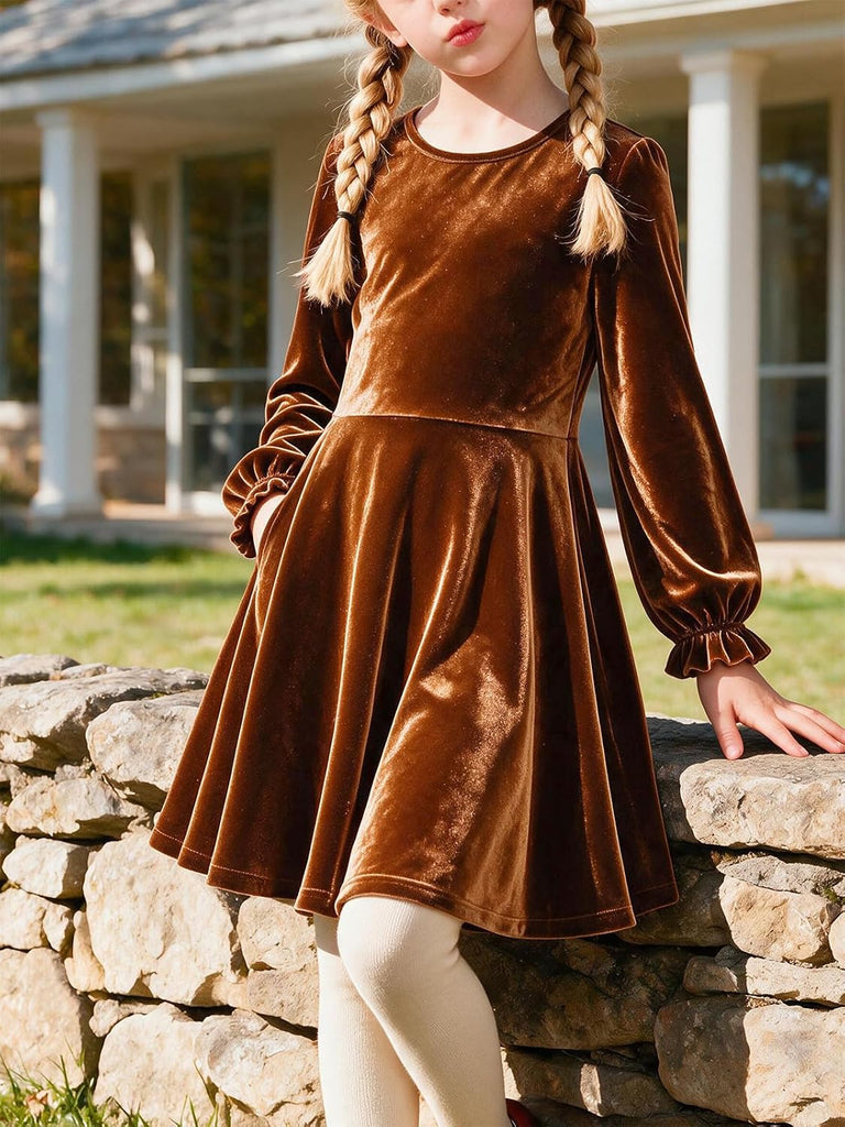 Velvet Christmas Dress Crewneck Puff Long Sleeve A-Line Fall Winter Casual Party Princess Dresses with Pockets