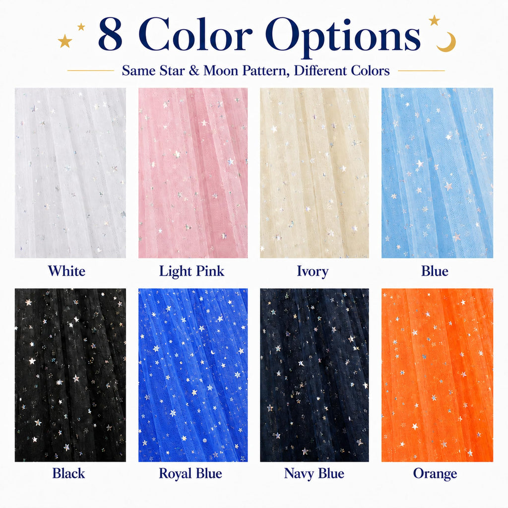 59 Inch x 8 Yard Silver Stars and Moon Tulle Fabric Black