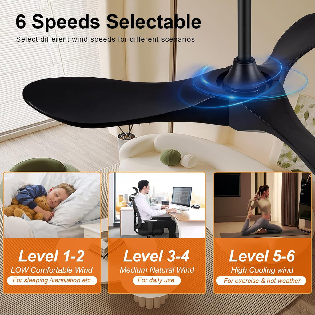 36 Inch Black Ceiling Fan No Light,Solid Wood Ceiling Fan without Light,Reversible DC Motor,6 Speeds,Noiseless,Modern
