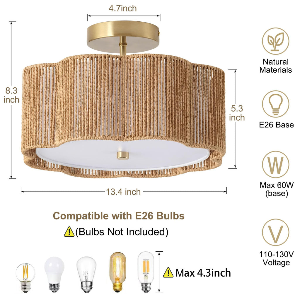 Rattan Ceiling Light Fixtures Flush Mount, 3-Light Boho Light Fixtures Ceiling Mount, Close to Ceiling Lights Modern