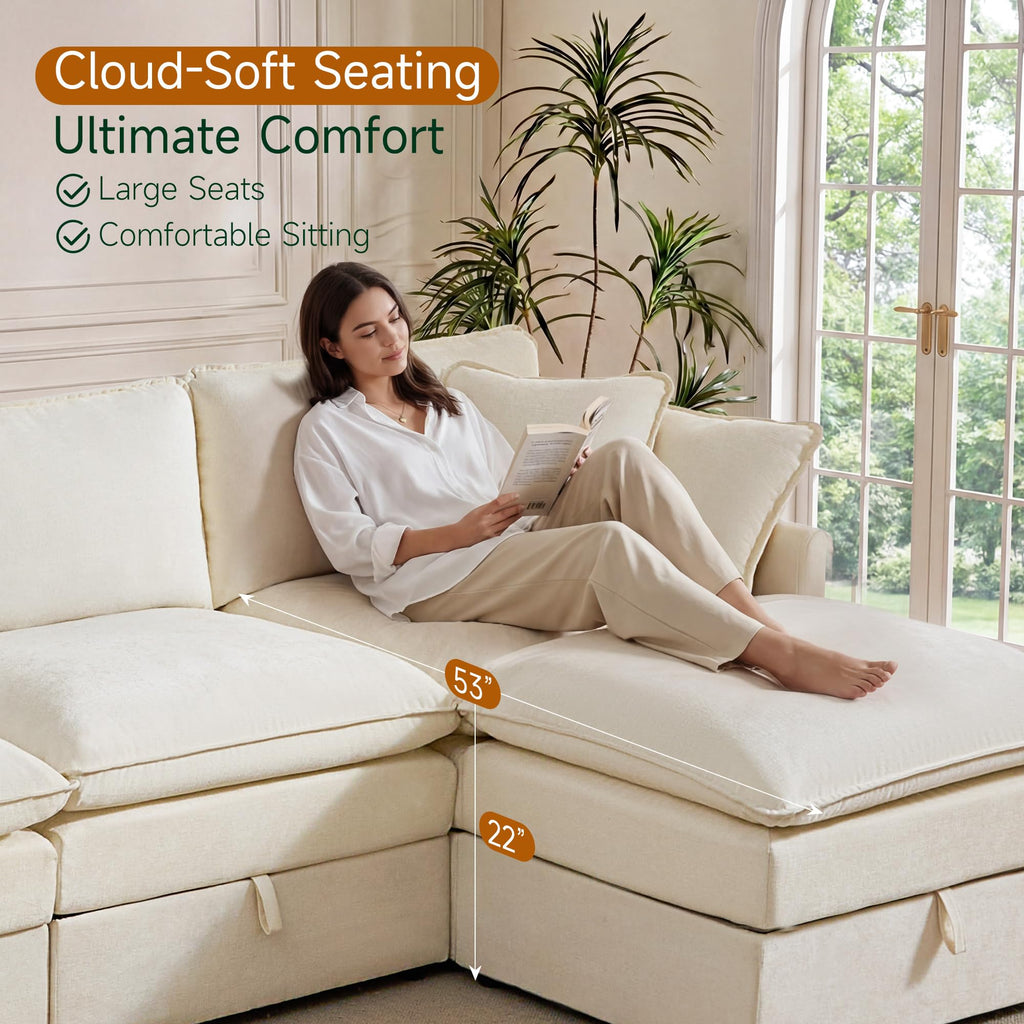 Modular Sofa with Storage, 103" U-Shape Sectional Cloud Couch, Oversized Fabric Couch with Movable Ottoman, 5 Seat