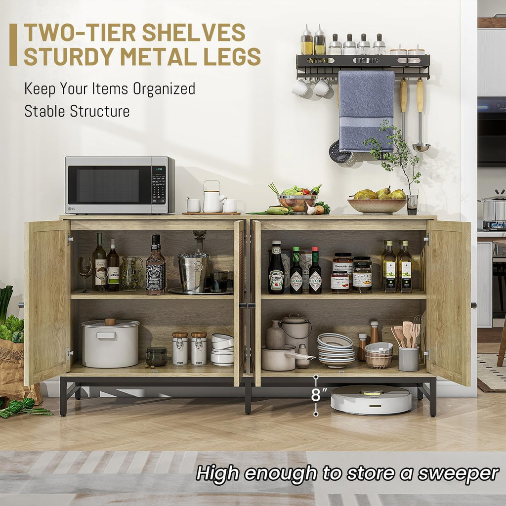 Rattan Sideboard Buffet Cabinet, Natural Storage Credenza Accent Cabinet with 4 Doors, 59" Large Mid Century Modern