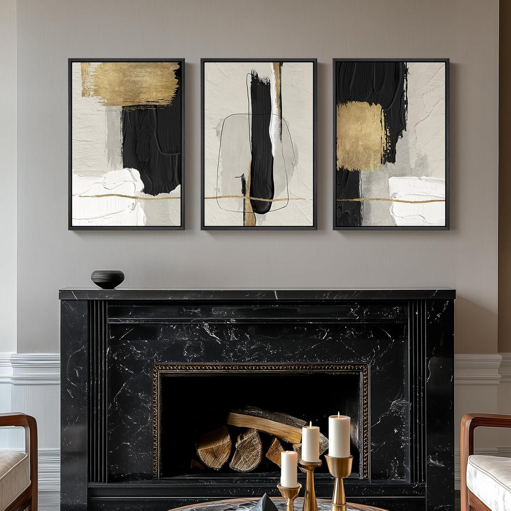 Framed Black and White Abstract Wall Art, 3 Piece Canvas Prints Paintings Artwork for Walls, Modern Minimalist Gold