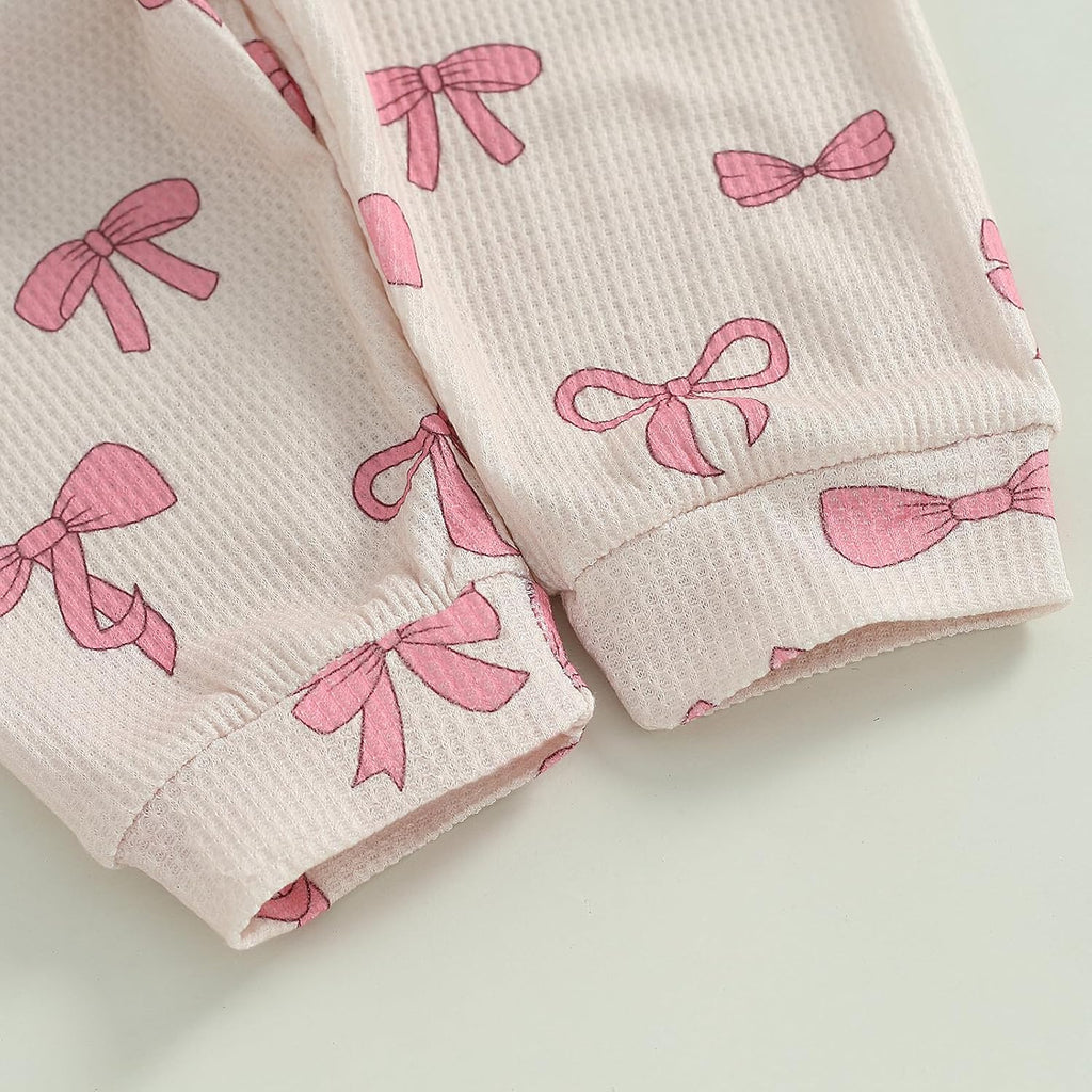 Fall Baby Girl Clothes Ruffle Long Sleeve Bow Print Sweatshirt Top Pants Set 2Pcs Waffle Knit Outfit