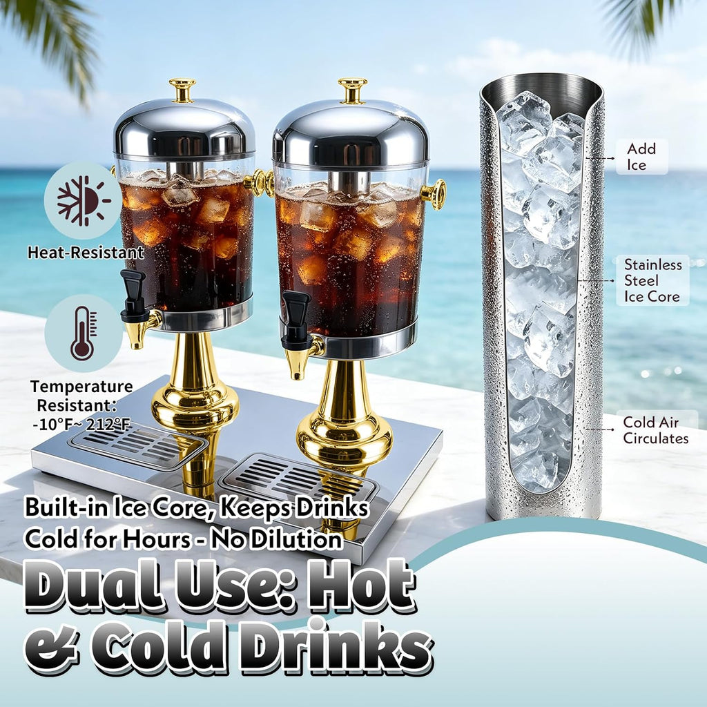 4.2 Gallon Drink Dispensers for Parties, 2 x 2.1 Gal Leakproof Beverage Dispenser with Stainless Steel Stand, Spigot