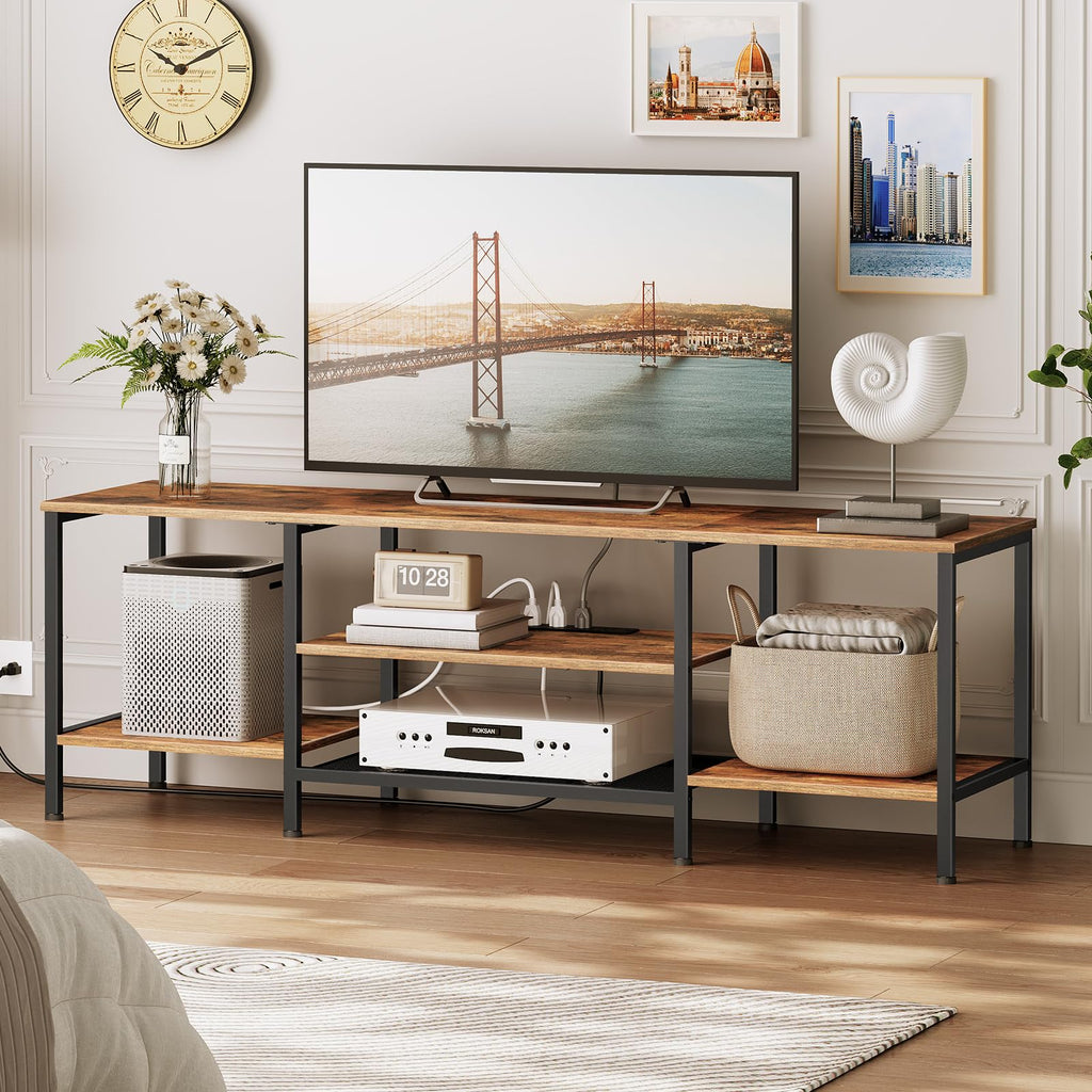 TV Stand with Power Outlets to 75 Inches, TV Console Table with Open Storage Shelves Cabinet, Industrial Media
