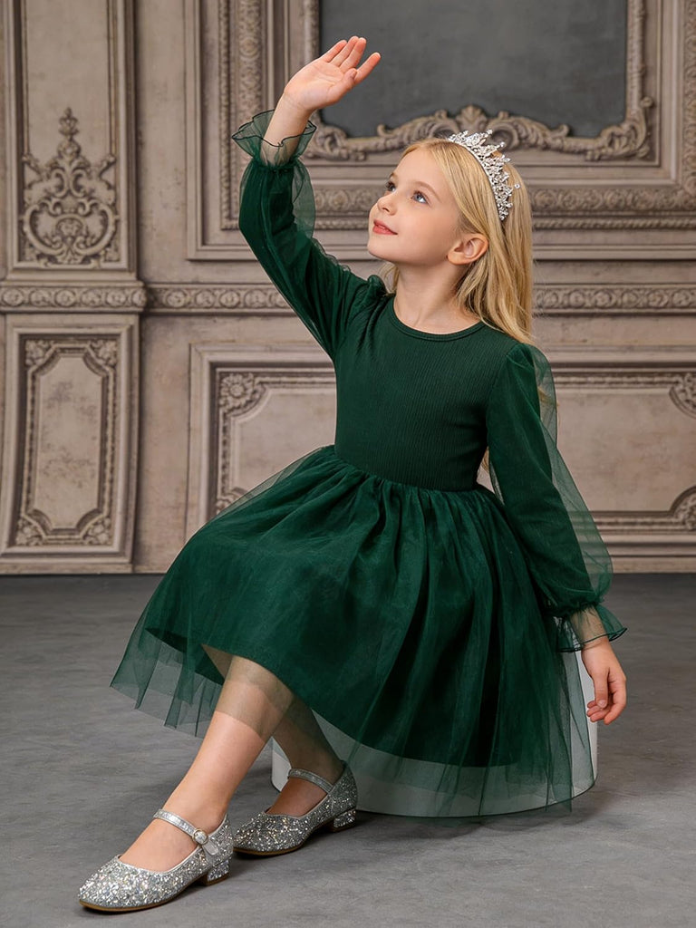 Toddler Christmas Dress Girls Sequin Tulle Puff Long Sleeves Tutu Dress Princess Birthday Party Clothes