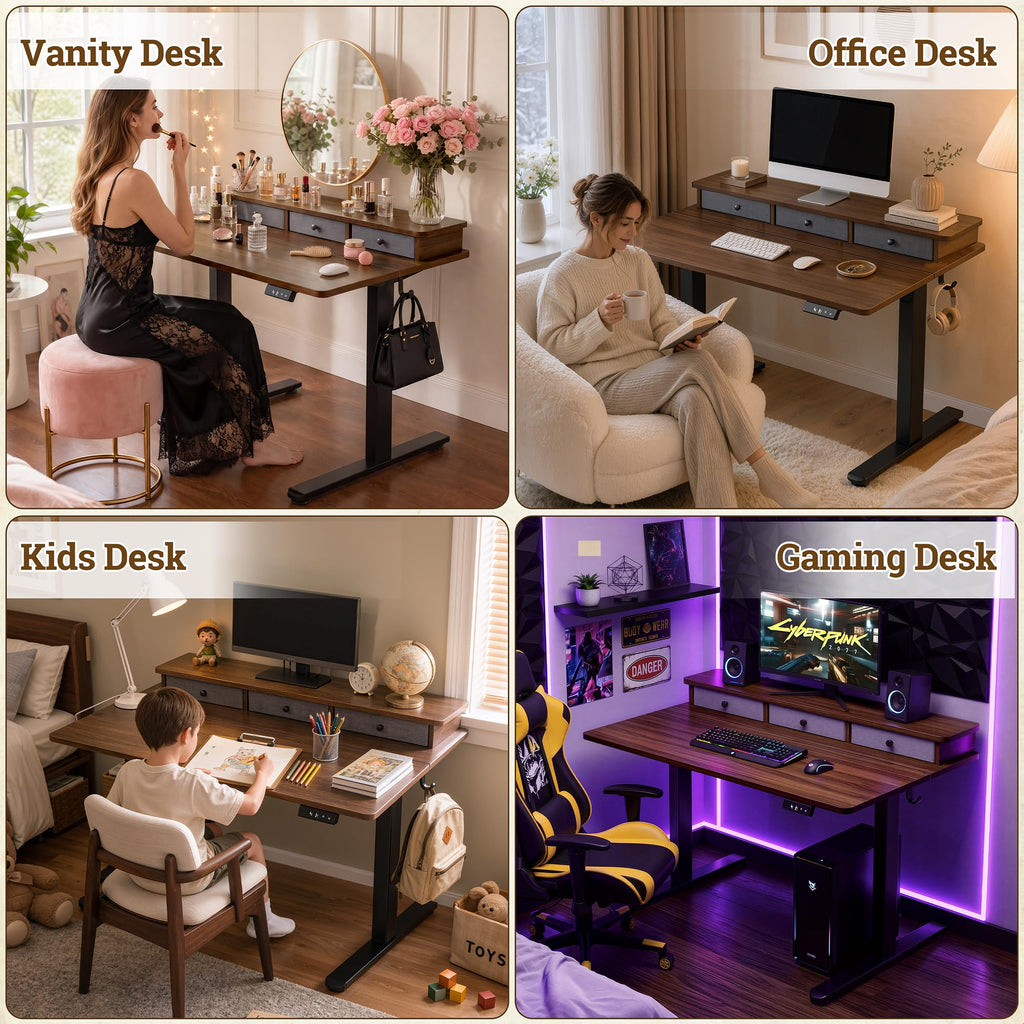 Small Standing Desk with 3 Drawers, 32" Computer Desk Vanity, Walnut