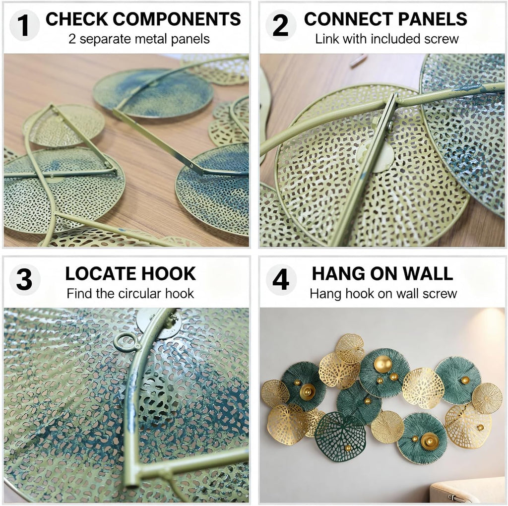 Large 3D Metal Wall Art, Modern Blue & Gold Lotus Leaf Sculpture, Coastal Home Decor Bedroom, Fall Halloween