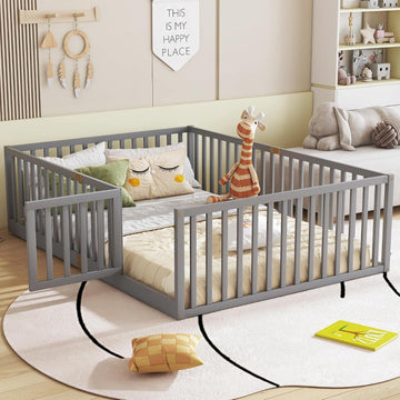 Montessori Floor Bed with Slats, High Guardrails & Door, Gray