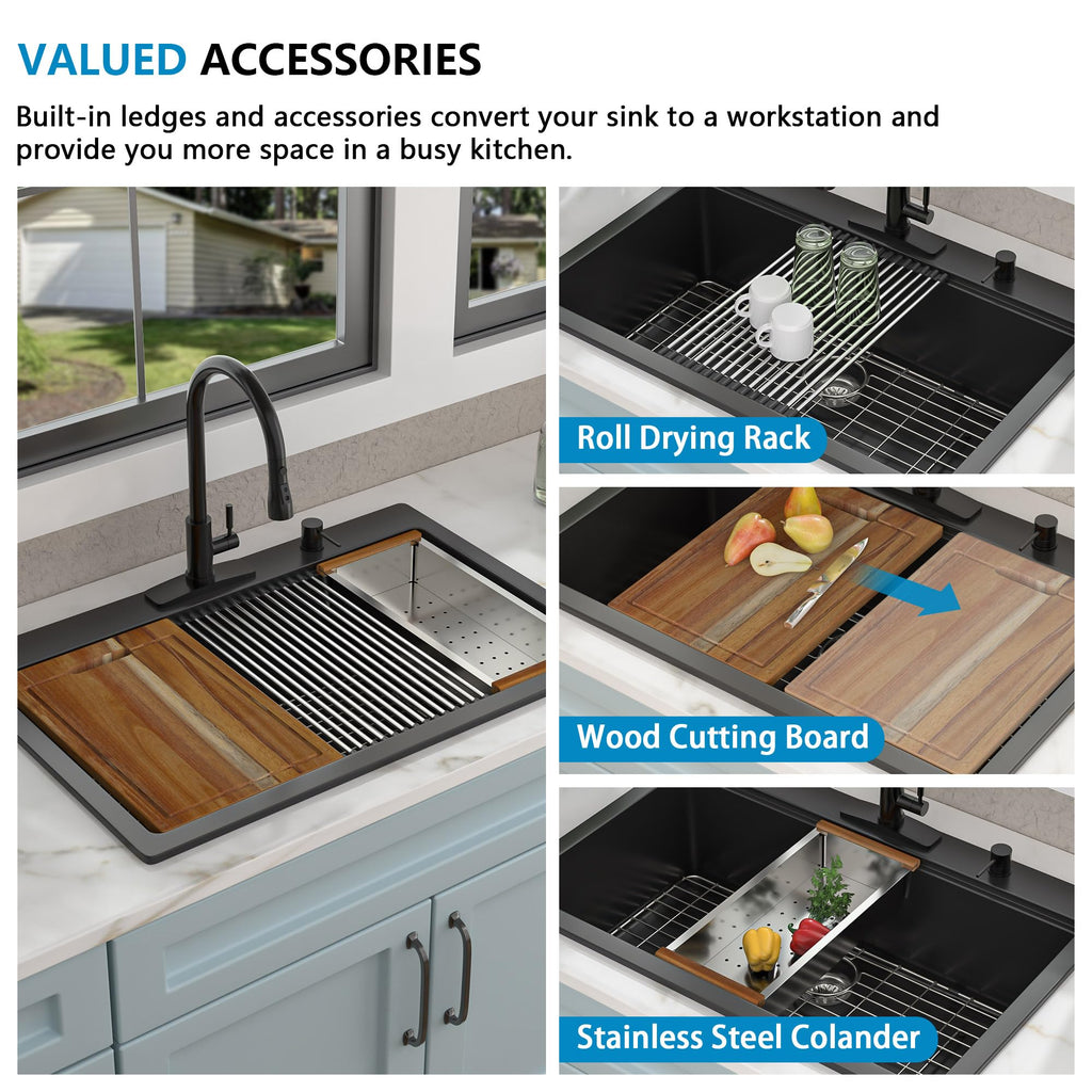 33"x22" Granite Composite - Matte Black Ledge Workstation Drop-In Top Mount Quartz Classic Above Counter Single Bowl