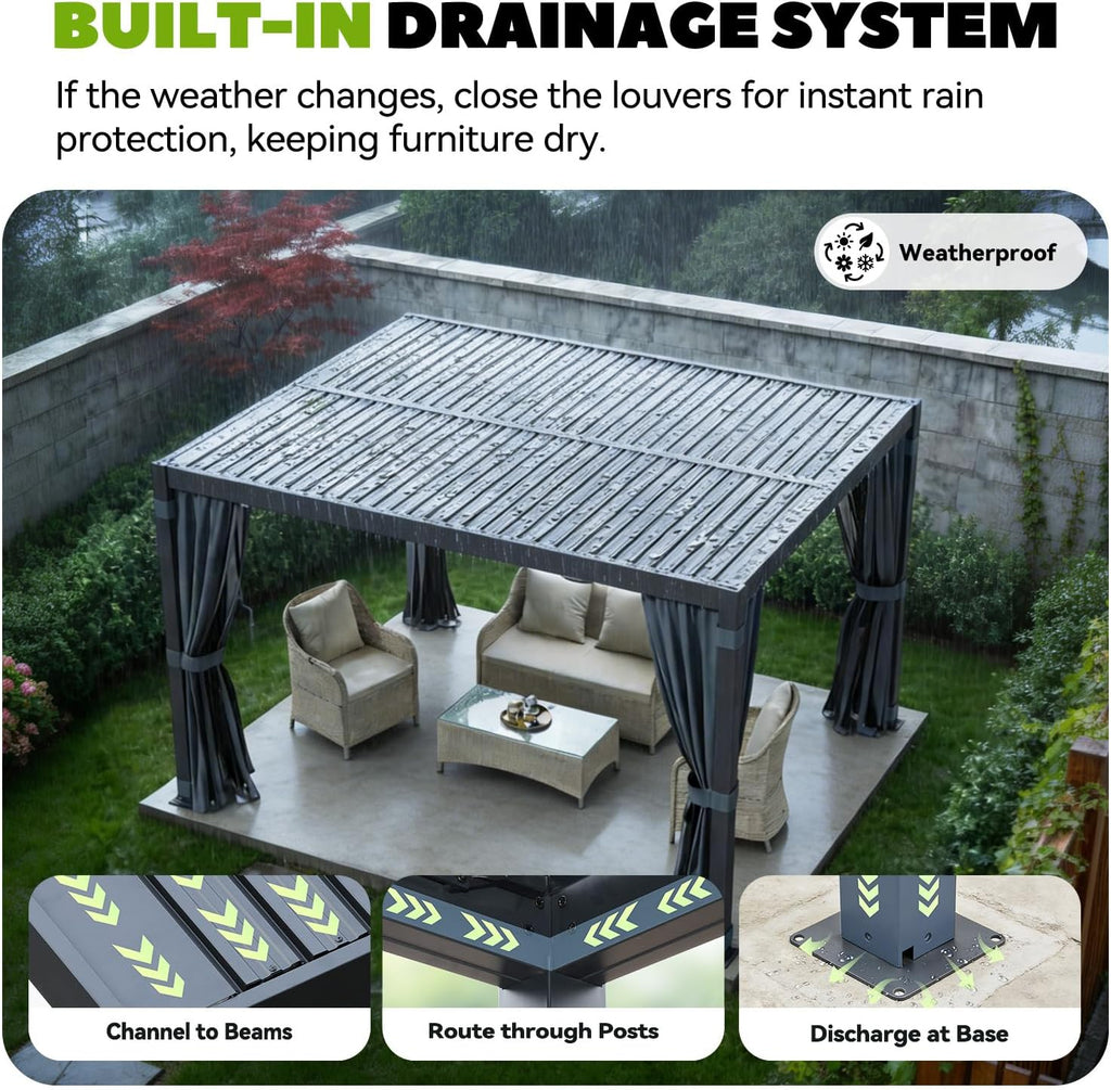 Louvered Pergola 10x12, Steel Aluminum Pergola with Adjustable Louvered Roofs