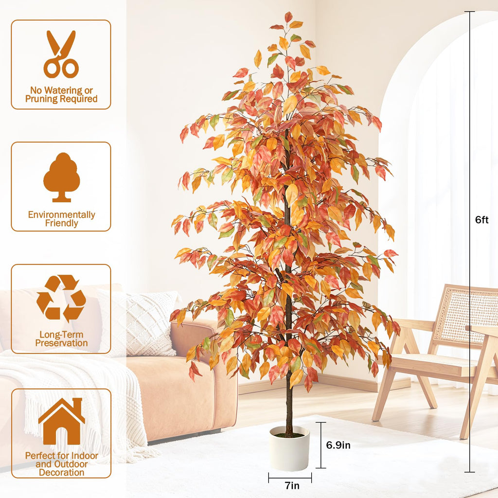 Artificial Ficus Tree 6FT, Faux Fall Tree with White Planter