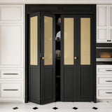 60'' x 80" Rattan Bifold Closet Door, Cane Webbing Wood Interior Door Slab, Build Quality Black Fold