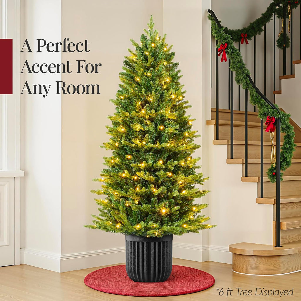 Prelit Potted Pencil Christmas Tree, 4.5Ft Realistic Artificial Lighted Holiday Décor, 175 Twinkling LEDs , Porch