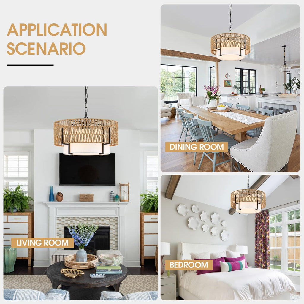 19.8'' Boho Rattan Chandelier 4-Light Rustic Farmhouse Pendant Light Fixture with Fabric Lampshade Drum Chandelier
