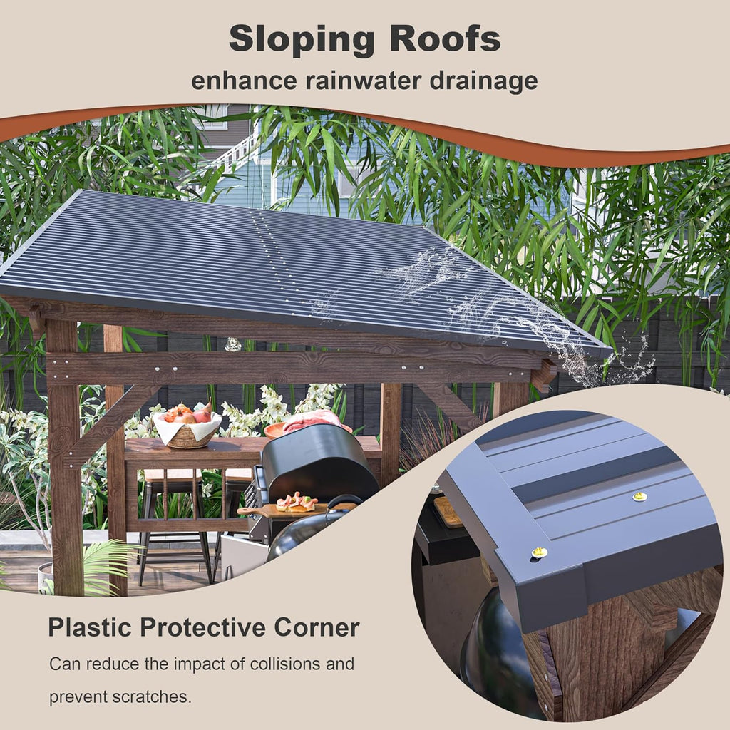 13' x 6.5' Wooden Grill Gazebo Metal Roof, Bulbs, Bar Counte - Image 6