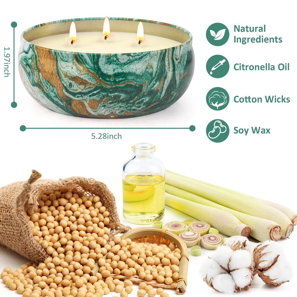 Citronella Candles Outdoor - 3 Pack x 14oz, Large 3-Wick Soy Wax Tin Candles Patio up to 270 Hours Burning, Lemograss