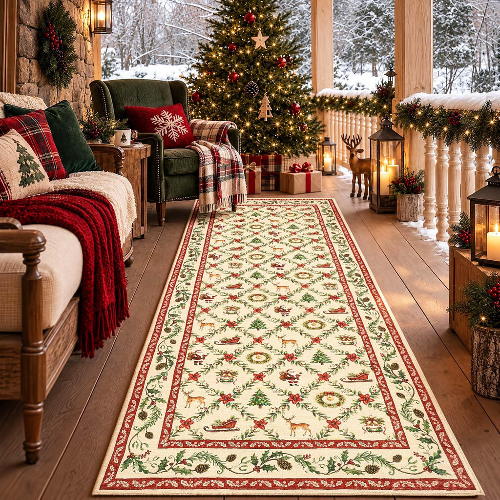 Christmas Runner Rug Santa Washable Non Slip Winter Decor Red