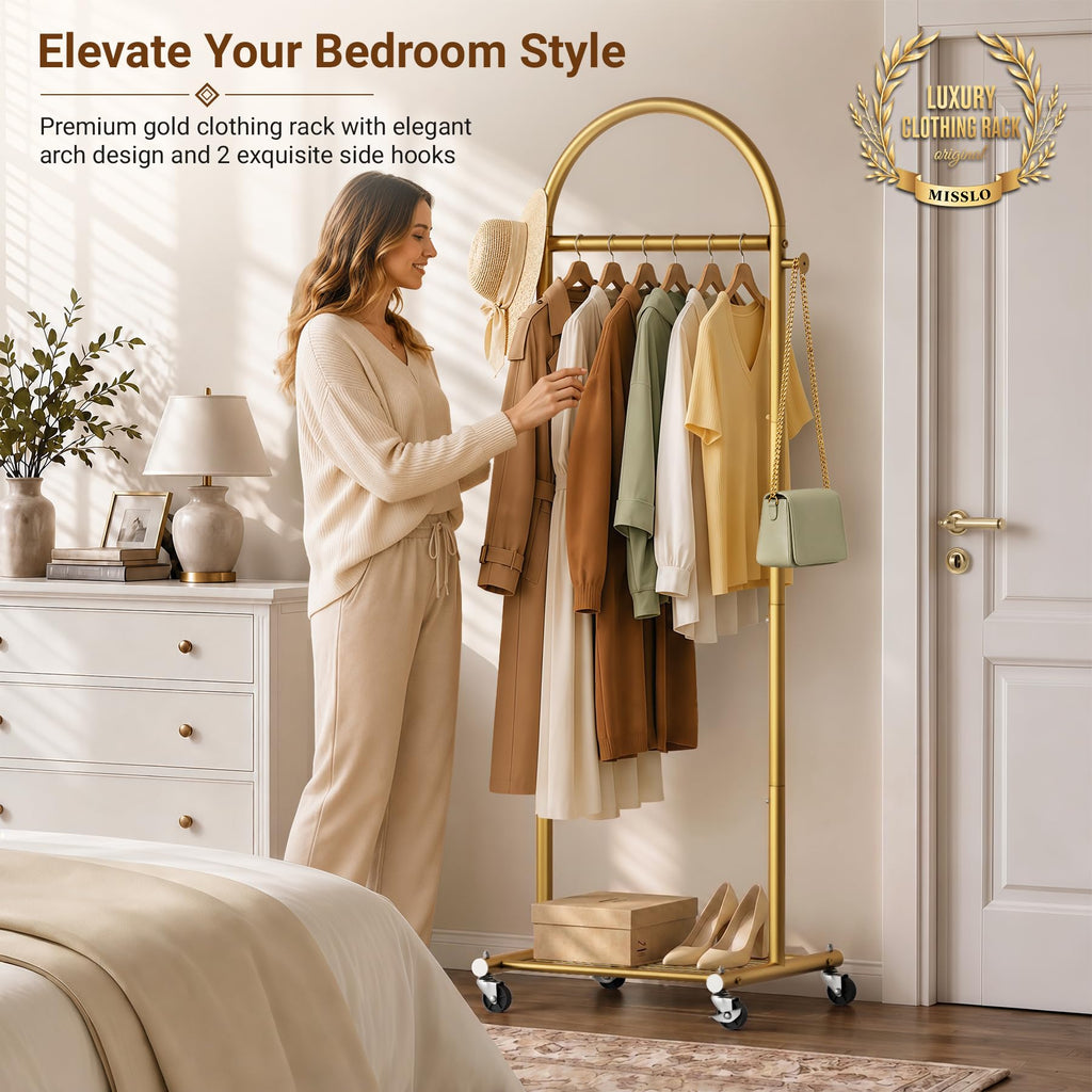 18" Small Clothes Racks for Hanging Clothes Arched Shape Gold Clothing Rack with Wheels 70.6" Metal Rolling Garment