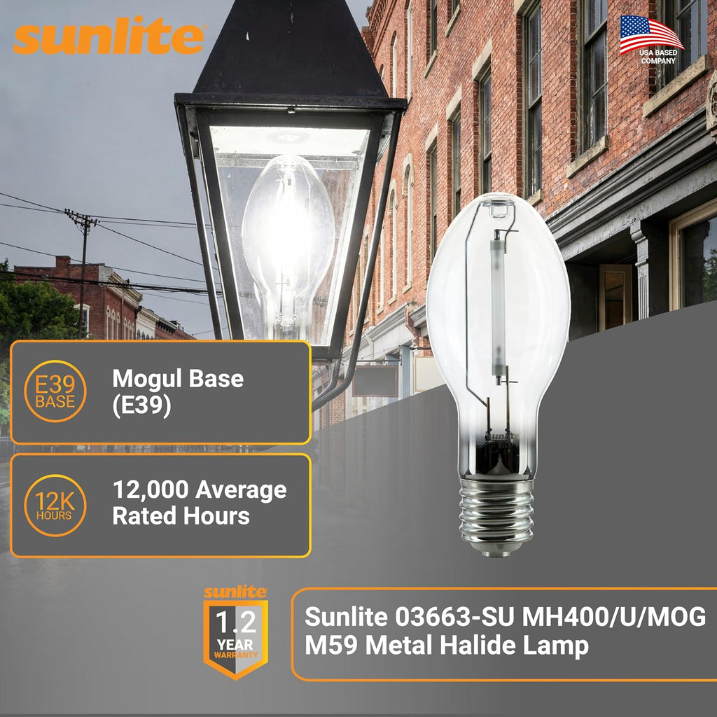 M59 Metal Halide Lamp, 400 Watts, Mogul Base (E39), ED37, 12,000 Hour Life Span, 36000 Lumen, Clear