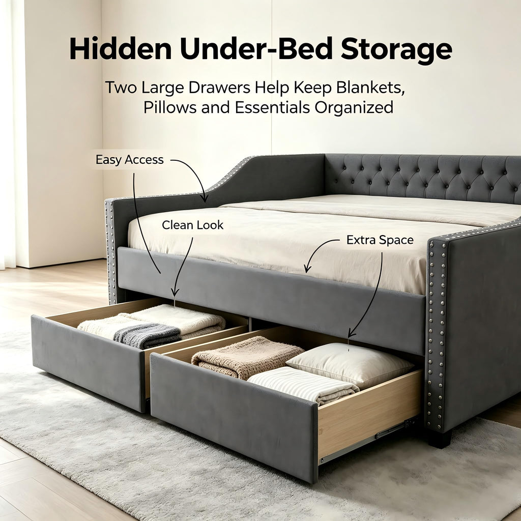 Upholstered Full Size Daybed with 2 Storage Drawer, Grey