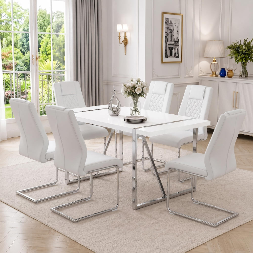 55'' White Dining Table Set for 6, Dining Tabletop and Silver Metal Frame, Rectangle Dining Room Table with 6 White