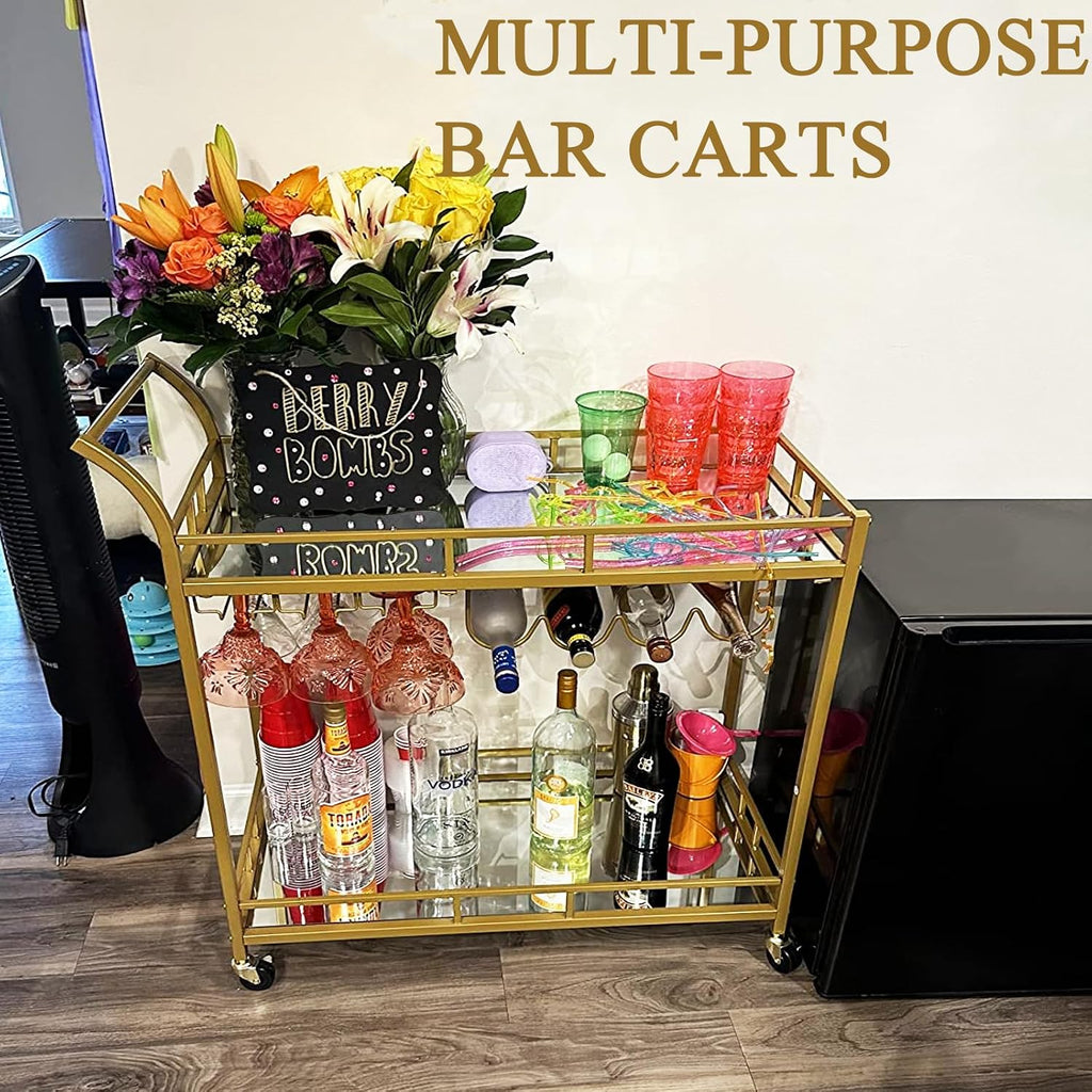 Gold Bar Cart, Gold Bar Cart with Wheels, Home Bar & Serving Carts with 2 Mirrored Shelves, Bar Carts for The Home