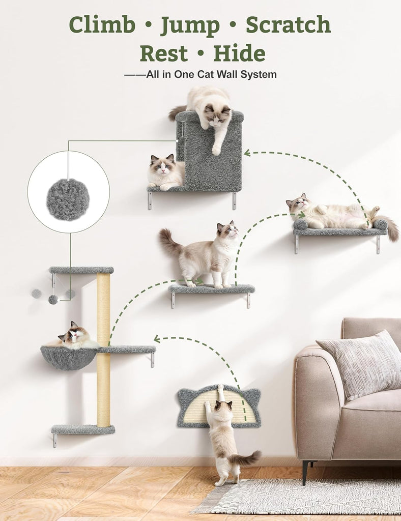 5-in-1 Cat Wall Shelves, Solid Wood Cat Wall Furniture Set for Indoor Cats