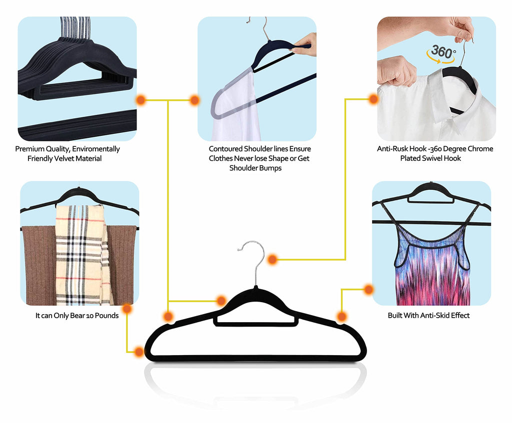 Premium Velvet Hangers, [50 Pack] Non Slip and Heavy Duty Velvet Suit Hangers (45cm) with Tie Bar, 360° Swivel Hooks