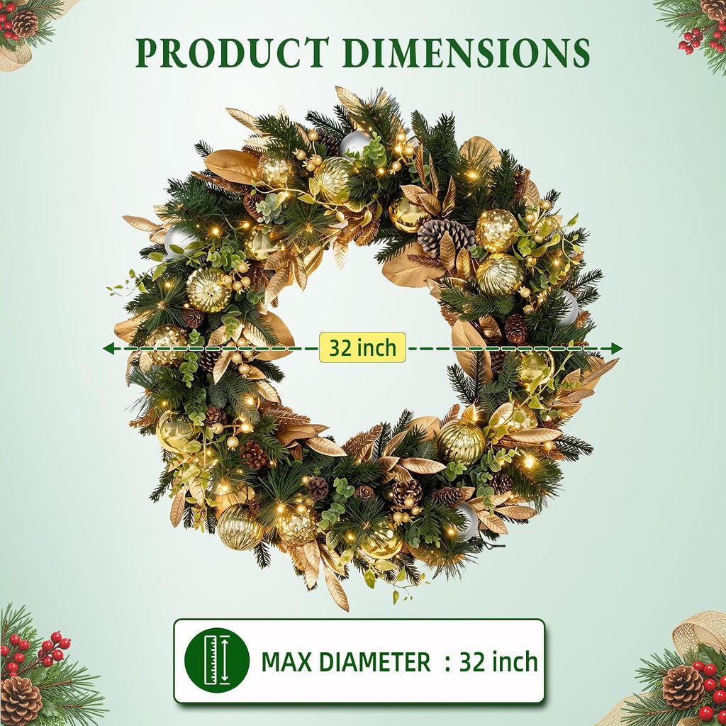 32 Inch Pre-Lit Botanical Christmas Wreath with 60 Warm White LEDs and Timer, Battery Operated Artificial PE & PVC