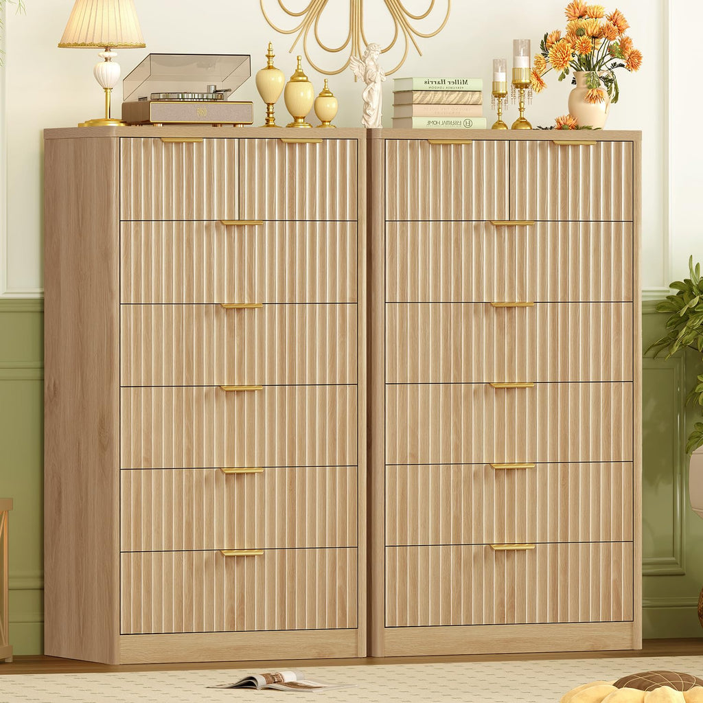 Fluted with 7 Drawers, 48" Tall Modern Chest of Drawers with Metal Handle, Wooden TV Stand, Wood Closet Clothes