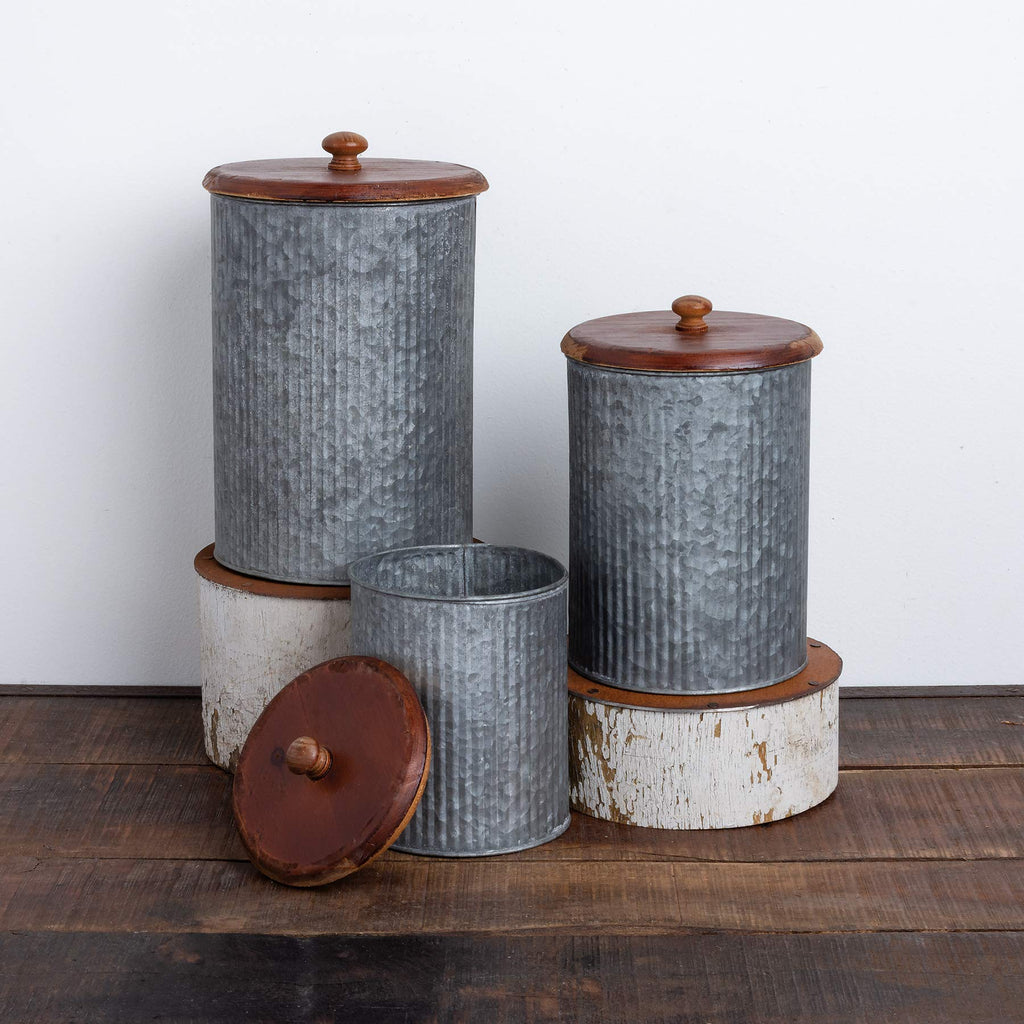 Rustic Style Canisters, Set of 3, Galvanized Metal and Wood