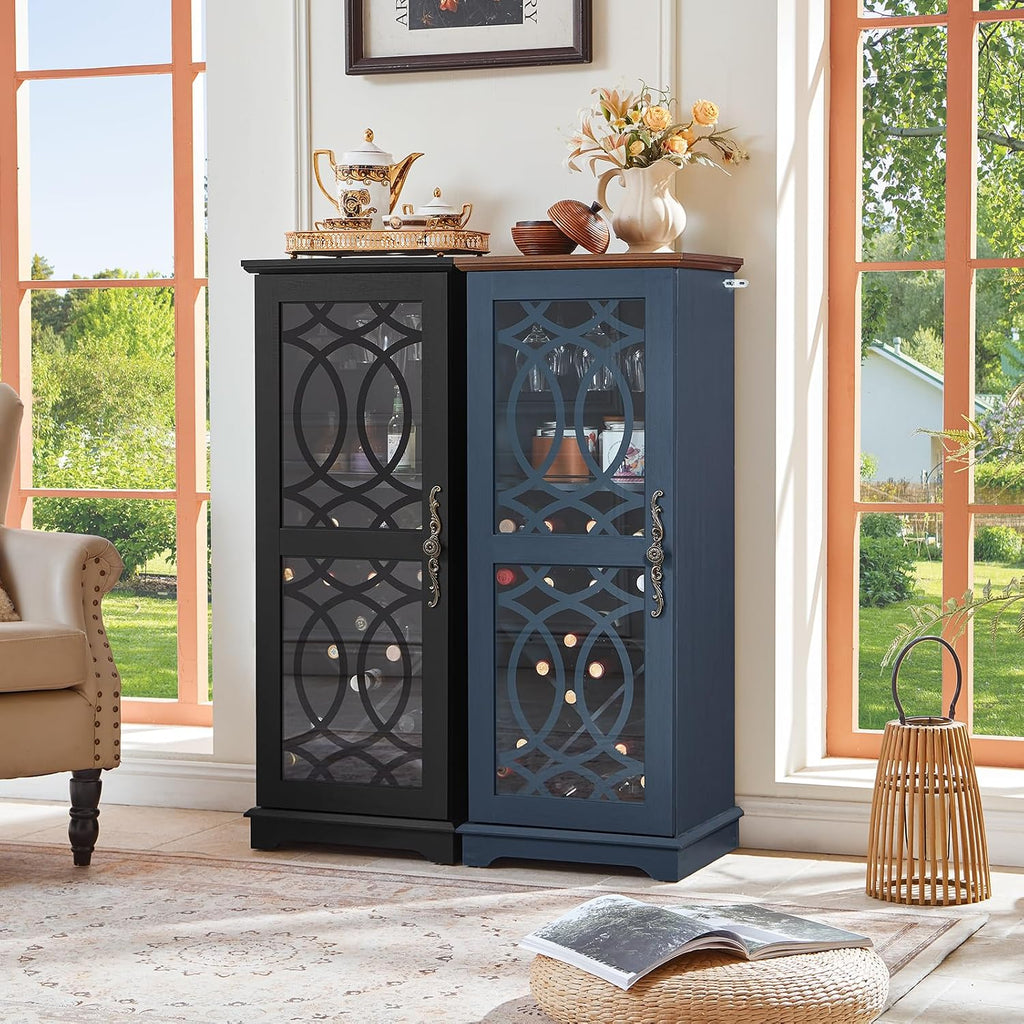 Wine Bar Cabinet with Glass Door, 43" Blue Liquor Cabinet | Wine Rack, Storage Shelf, Thick Base, Elegant Wood Grain