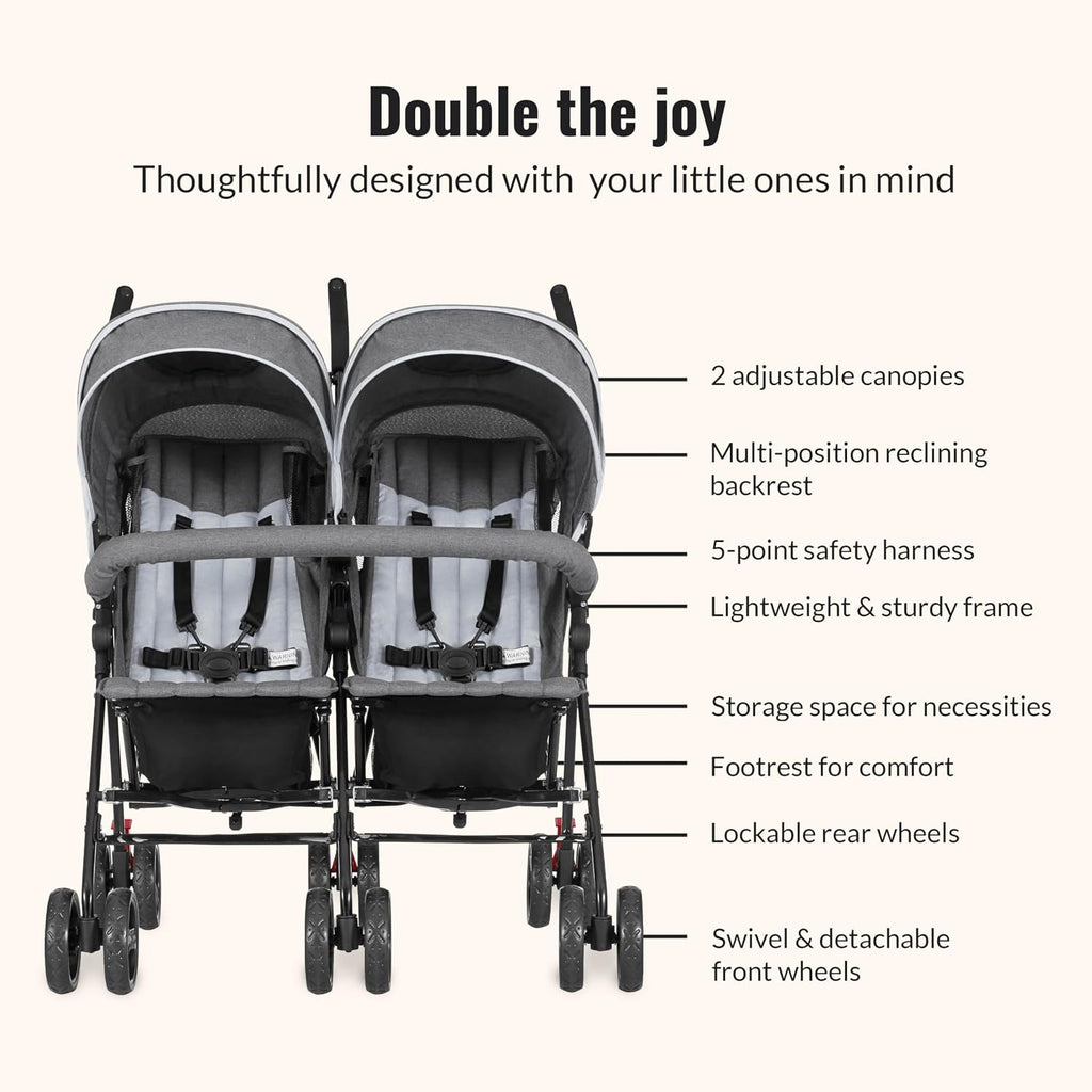 On Me Volgo Side-by-Side Twin Umbrella Toddler Stroller, Grey