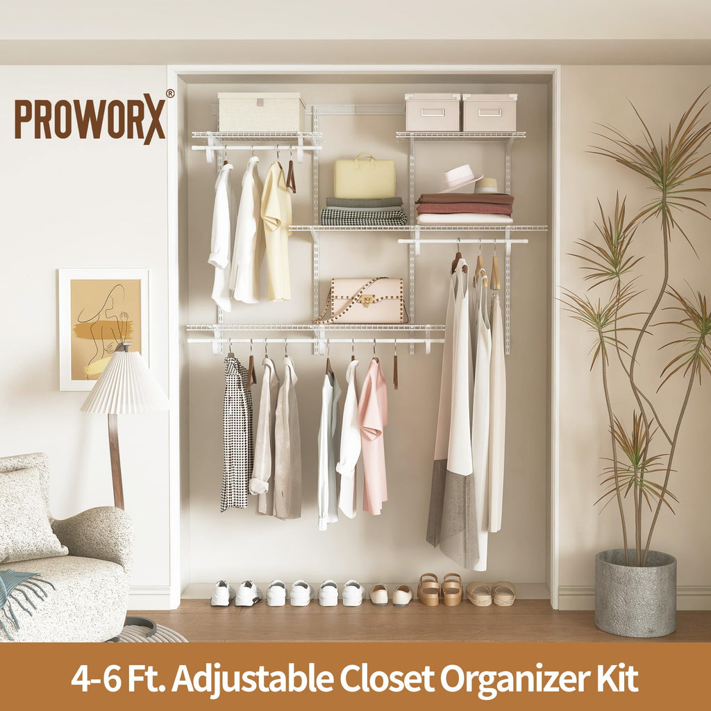 4-6 Ft Closet Organizer System, Adjustable Metal Wire White Closet System, Expandable Walk in Closet Organizers and