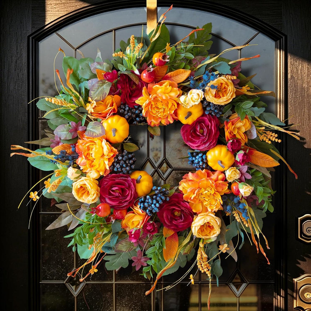 24 Inch Artificial Harvest Fall Wreath for Front Door,Porch & Entryway,Wall