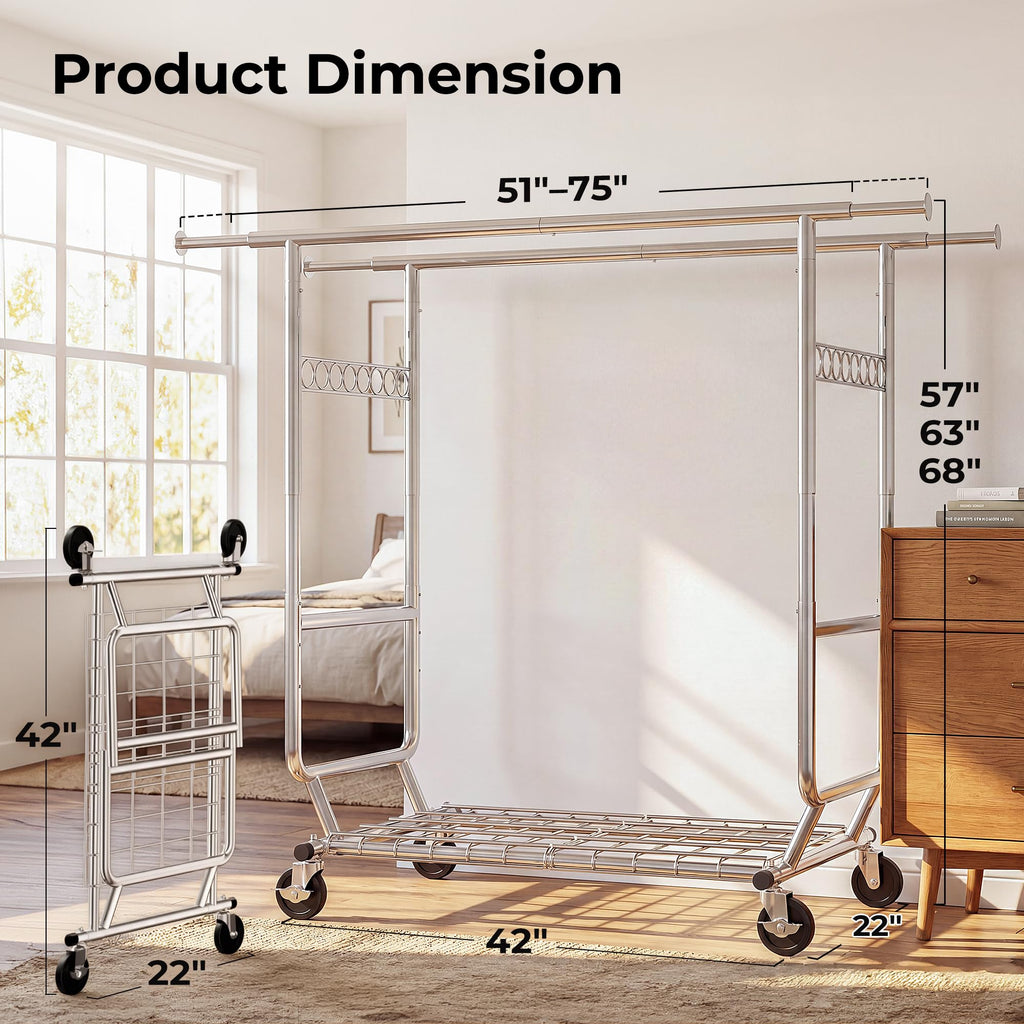 Clothes Rack Heavy Duty Clothing Rack Load 650 LBS Collapsible Garment Rack with Wheels Double Rod Clothes Rack for
