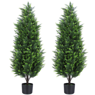 Cedar Topiary Trees Set of 2, Artificial UV Resistant Potted Plants, Faux Bushes Fake Shrubs for Outdoor Indoor Home