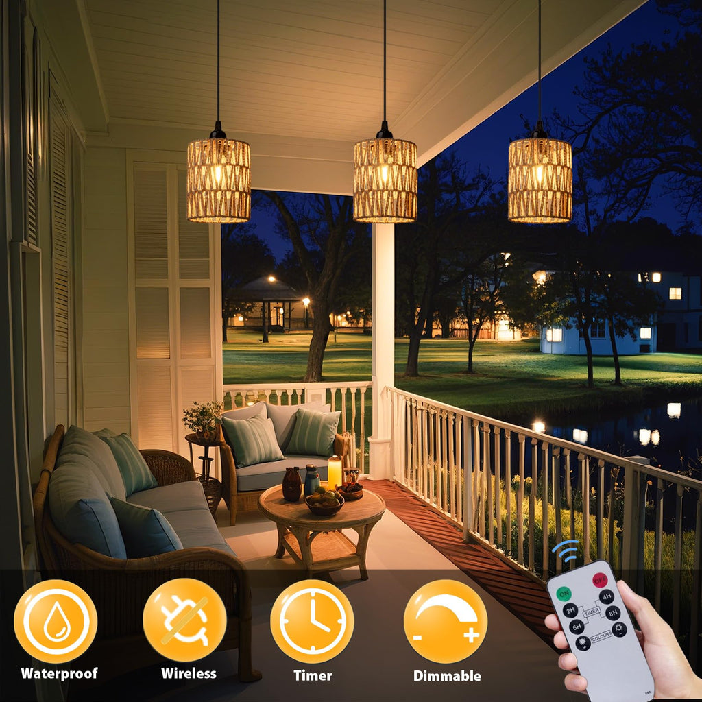 Battery Operated Chandelier, Battery Hanging Pendant Light, Rattan Lights with Warm White Bulb, 4*AA Battery Powered
