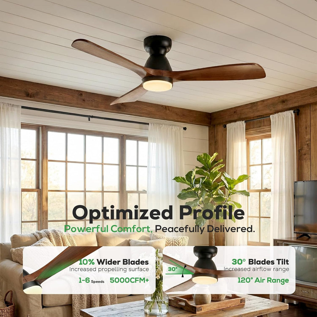 60 Inch Flush Mount Ceiling Fan with Light, Low Profile Smart Ceiling Fan with 3 Solid Walnut Wood Blades, Dimmable LED, Reversible Quiet DC Motor, Alexa App & Remote Control, Indoor Outdoor, Dark Walnut