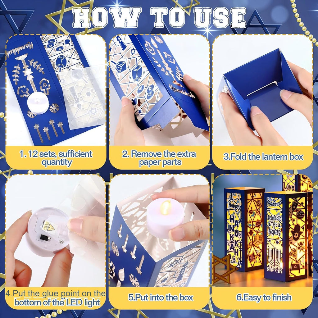 Hanukkah Lantern Boxes with LED Candles Centerpieces - Set of 12