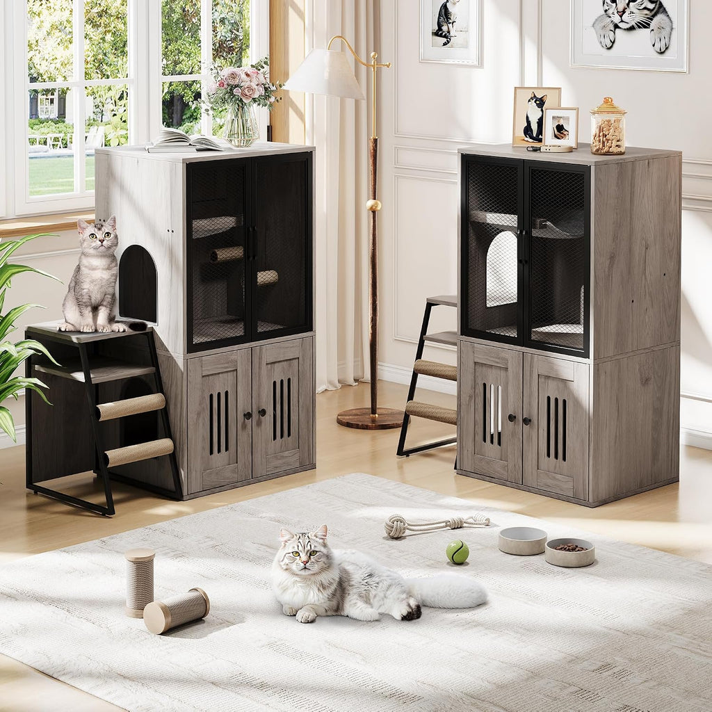 Double Cat Litter Box Enclosure Furniture with Doors - Hidden Storage, Ladder, Hammock, Metal Mesh - Multifunctional