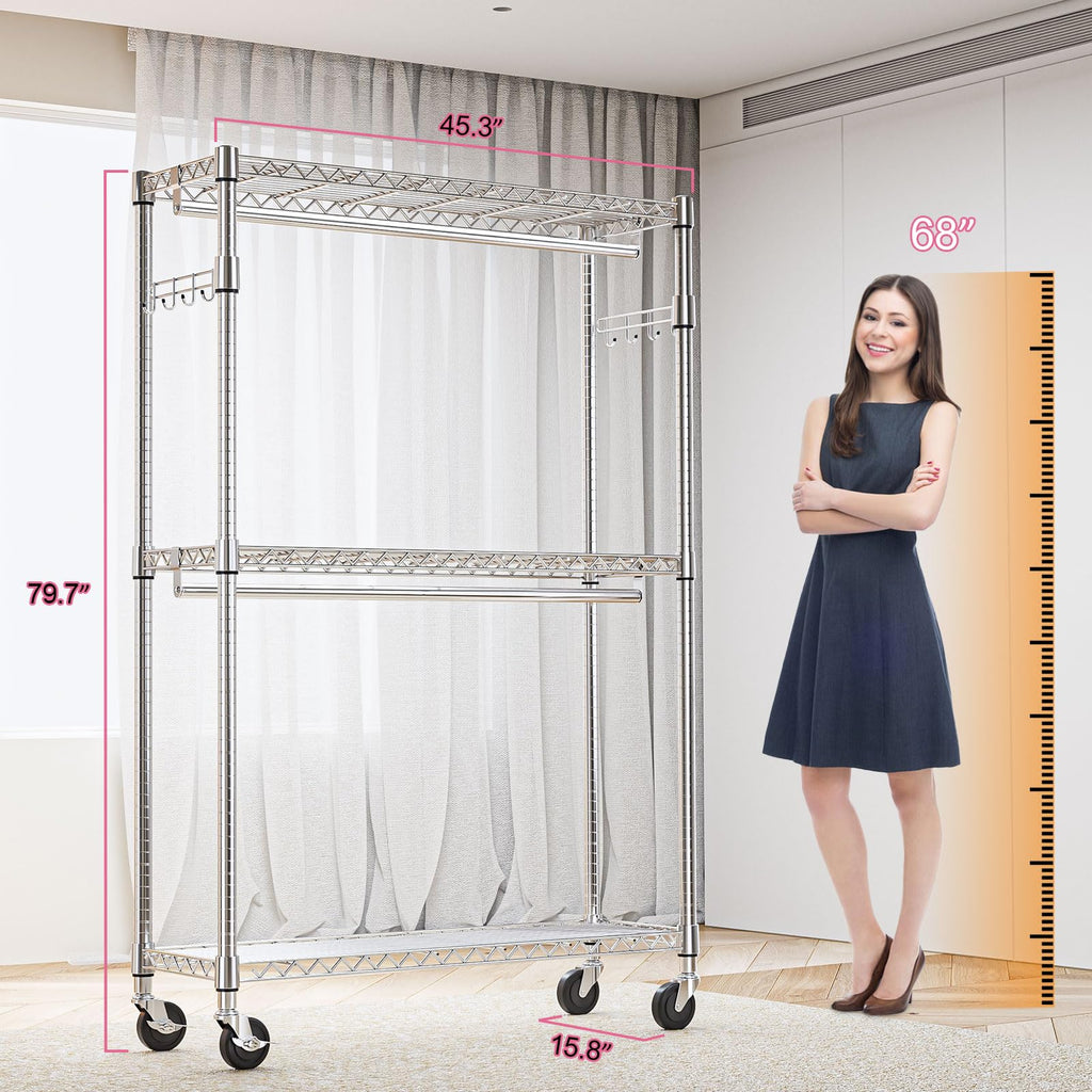 Heavy Duty Rolling Garment Rack 3 Tiers Adjustable Wire Shelving Clothes Rack with 2 Rods and Side Hooks, Storage
