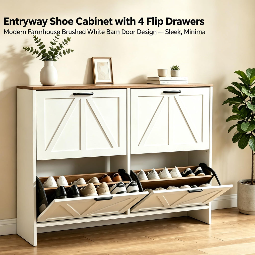 Shaker Barn Door Shoe Cabinet, 4 Flip Drawers & 3Tier Adjustable Shelves, Ultra Slim Freestanding, Modern Rustic