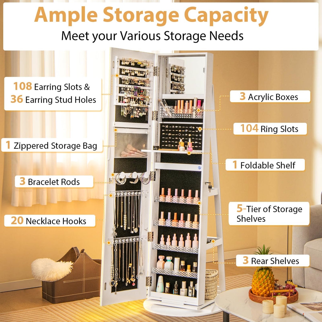 360° Swivel Jewelry Cabinet Armoire with Full Length Mirror, Standing Jewelry Storage Organizer with Rear Storage